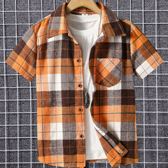 Boys Plaid Patched Short Sleeve Lapel Shirt