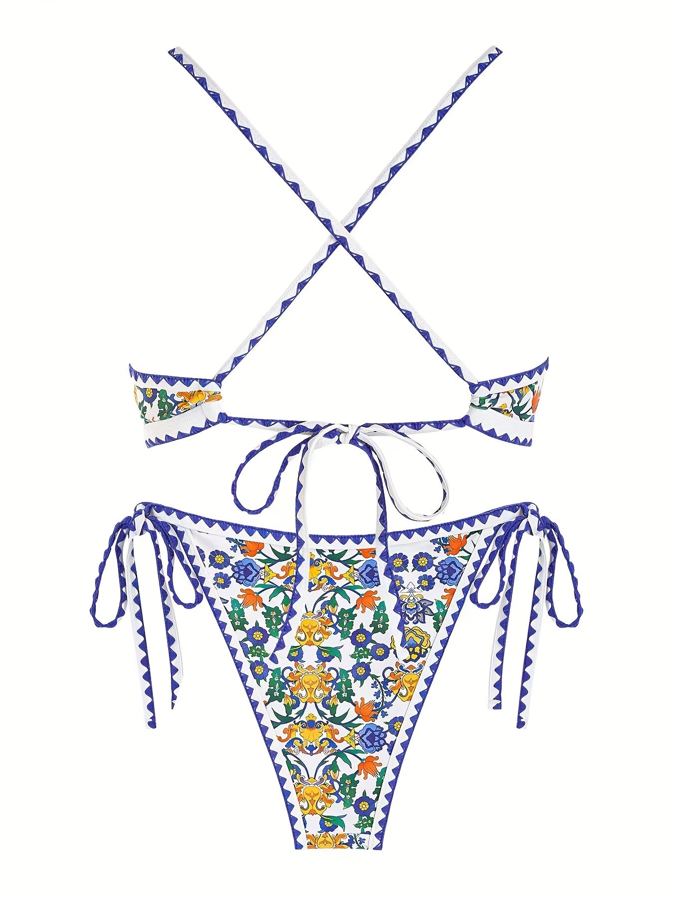 Floral Print Tie Side 2PC Bikini Swimsuit Spaghetti Strap Stretchy Swimwear