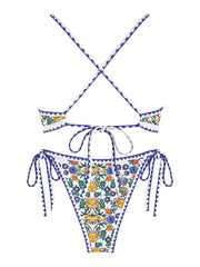 Floral Print Tie Side 2PC Bikini Swimsuit Spaghetti Strap Stretchy Swimwear