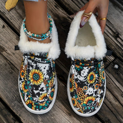 Women's Cow & Floral Print Slip-On Flat Fleece Lining Winter Shoes