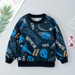 Space Alien Print Boys Casual Pullover Sweatshirt Long Sleeve Crew Neck Tops