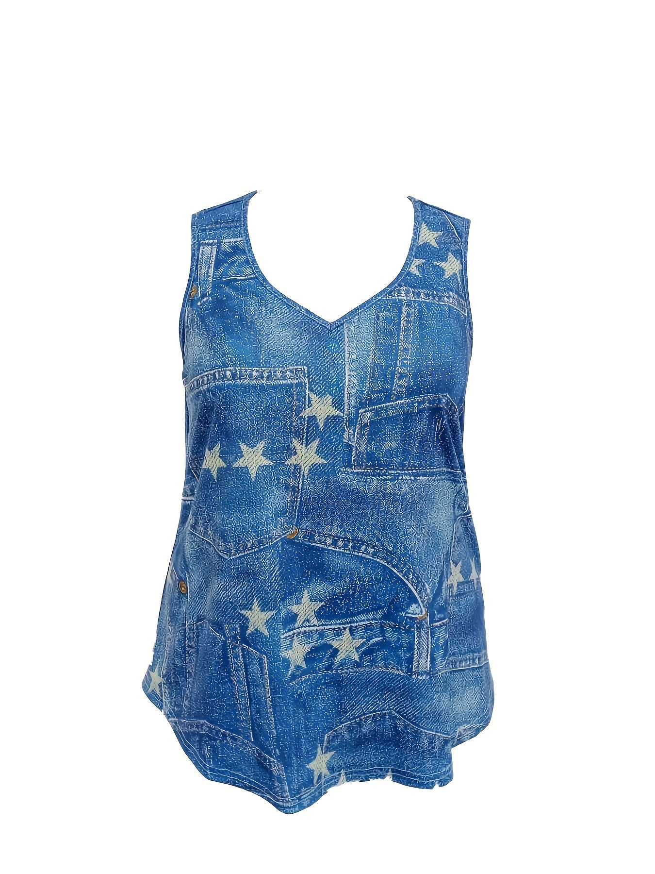 Denim & Star Print Tank Top V Neck Stretch