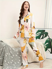 Floral Print Pajama Set Long Sleeve Button Up Top & Elastic Waistband Pants