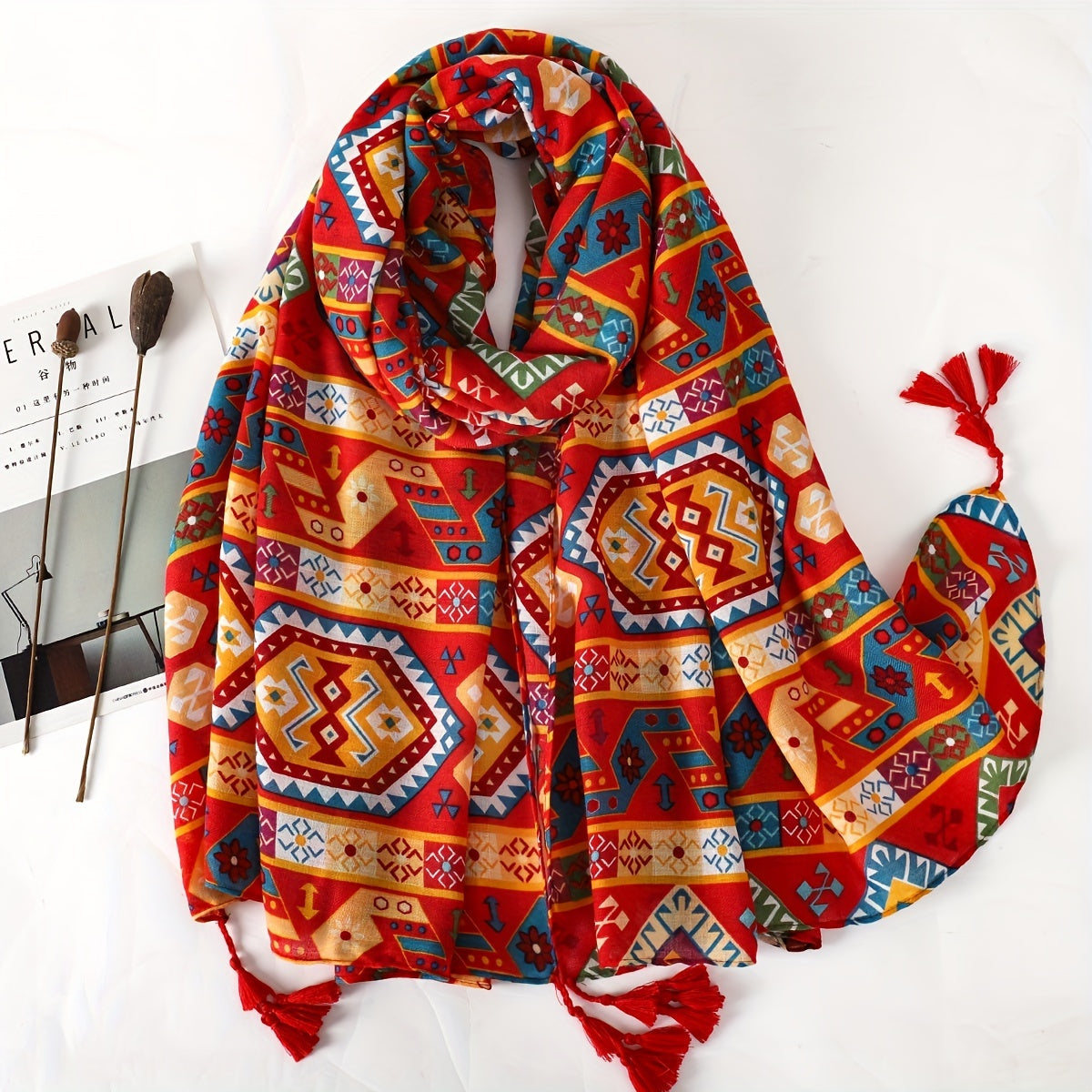 Vintage Geometric Print Scarf Bohemian Tassel Shawl Red