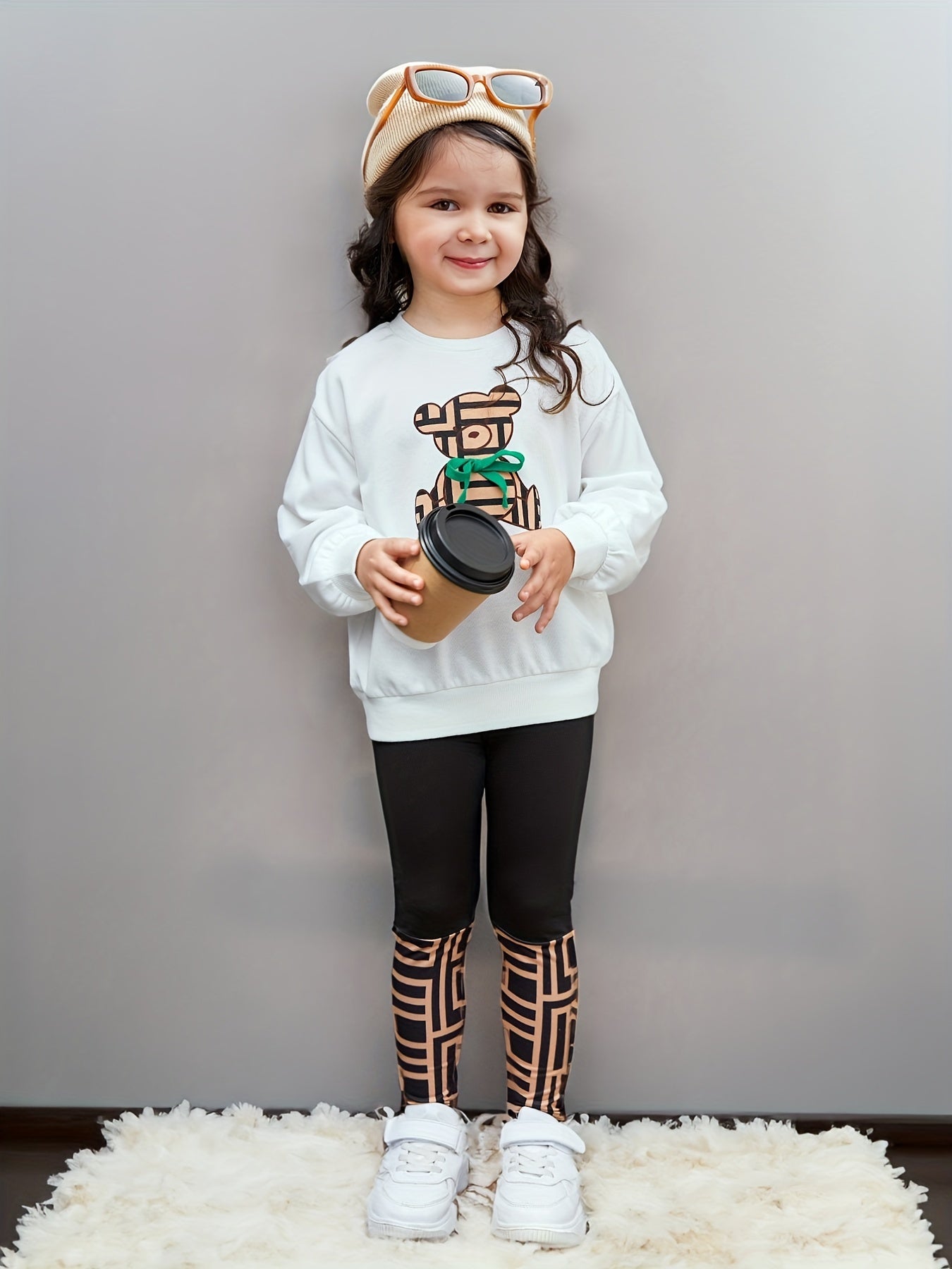 Girl's Geometric Bear Outfit 2pcs Set Spring Fall