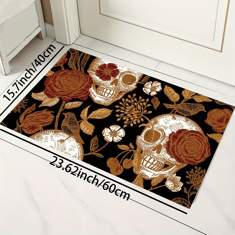 Vintage Skull Flower Print Machine Washable Area Rug - Indoor Use