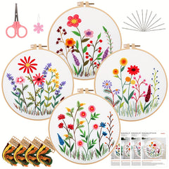 4pcs DIY Flowers And Plants Embroidery Kit with Embroidery Hoop 20.07 cm
