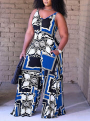 Colorblock Scarf Print Round Neck Wide Leg Jumpsuit