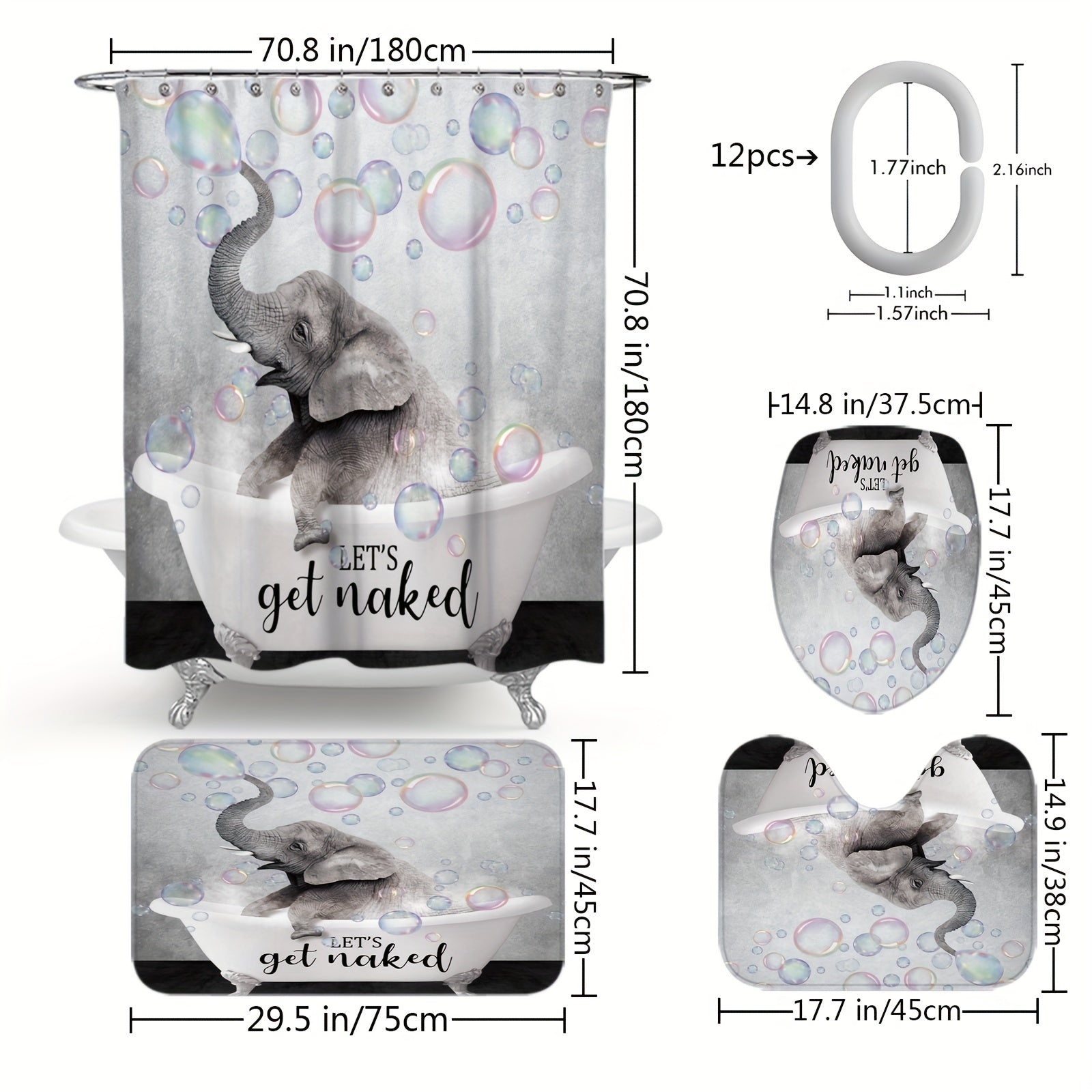 Waterproof Elephant Shower Curtain Set with Memory Foam Mat and Non Slip Rug