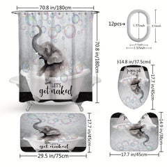 Waterproof Elephant Shower Curtain Set with Memory Foam Mat and Non Slip Rug