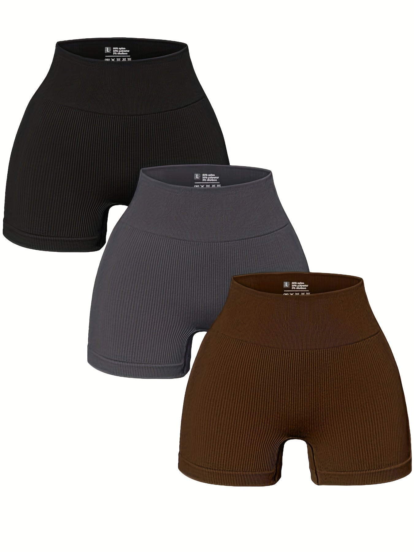3pcs Ribbed Solid Yoga Sports Shorts High Waist
