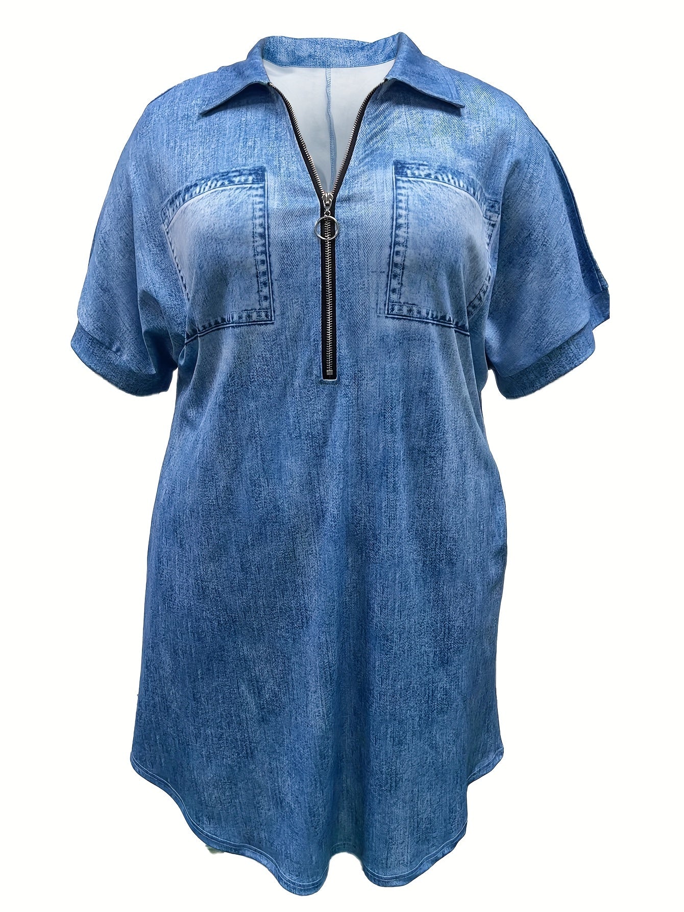 Women's Plus Denim Print Zipper Short Sleeve Mini Dress