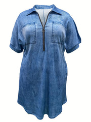 Women's Plus Denim Print Zipper Short Sleeve Mini Dress