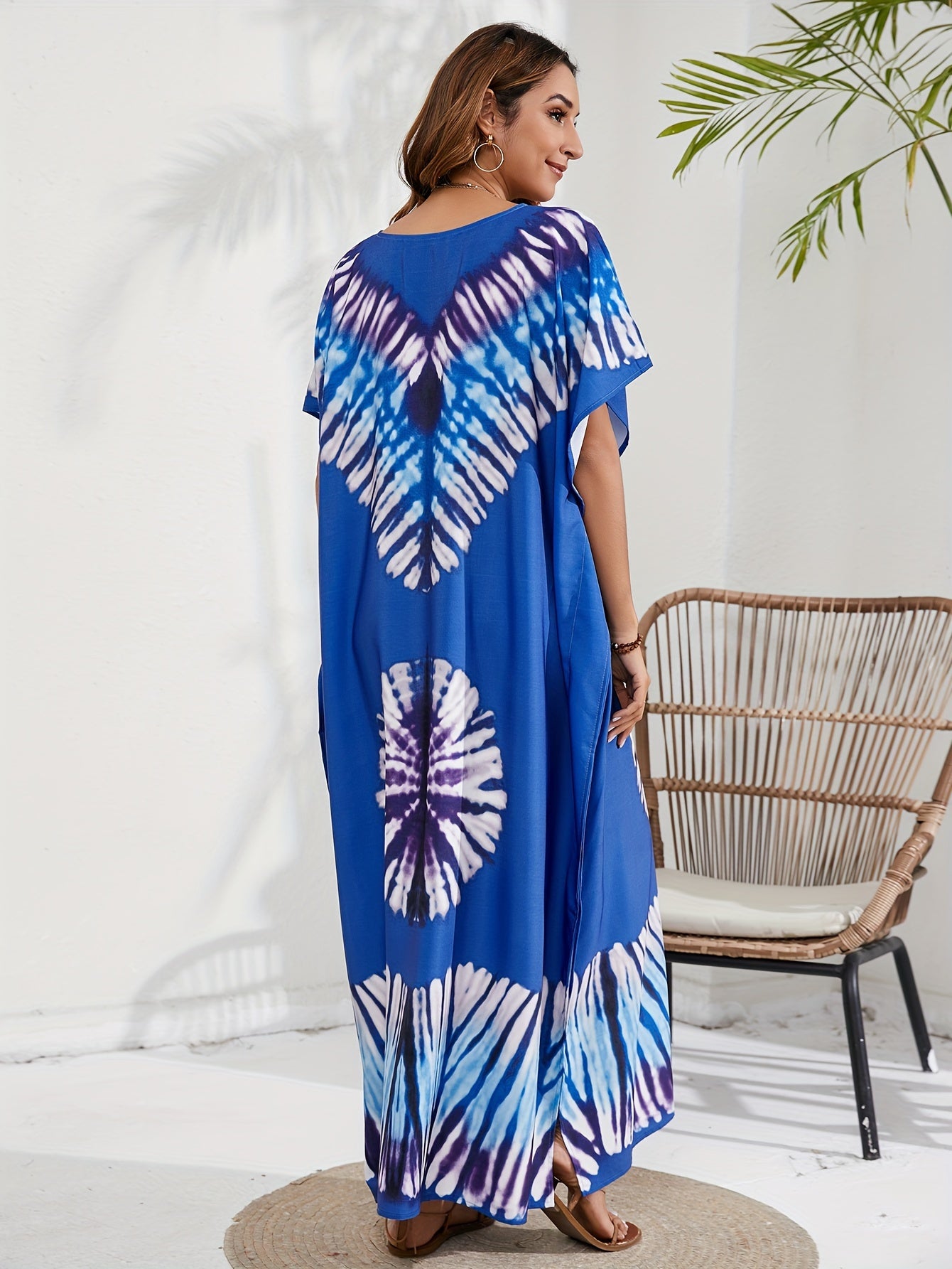 Boho Tie Dye Batwing Sleeve V Neck Maxi Cover Up Dress