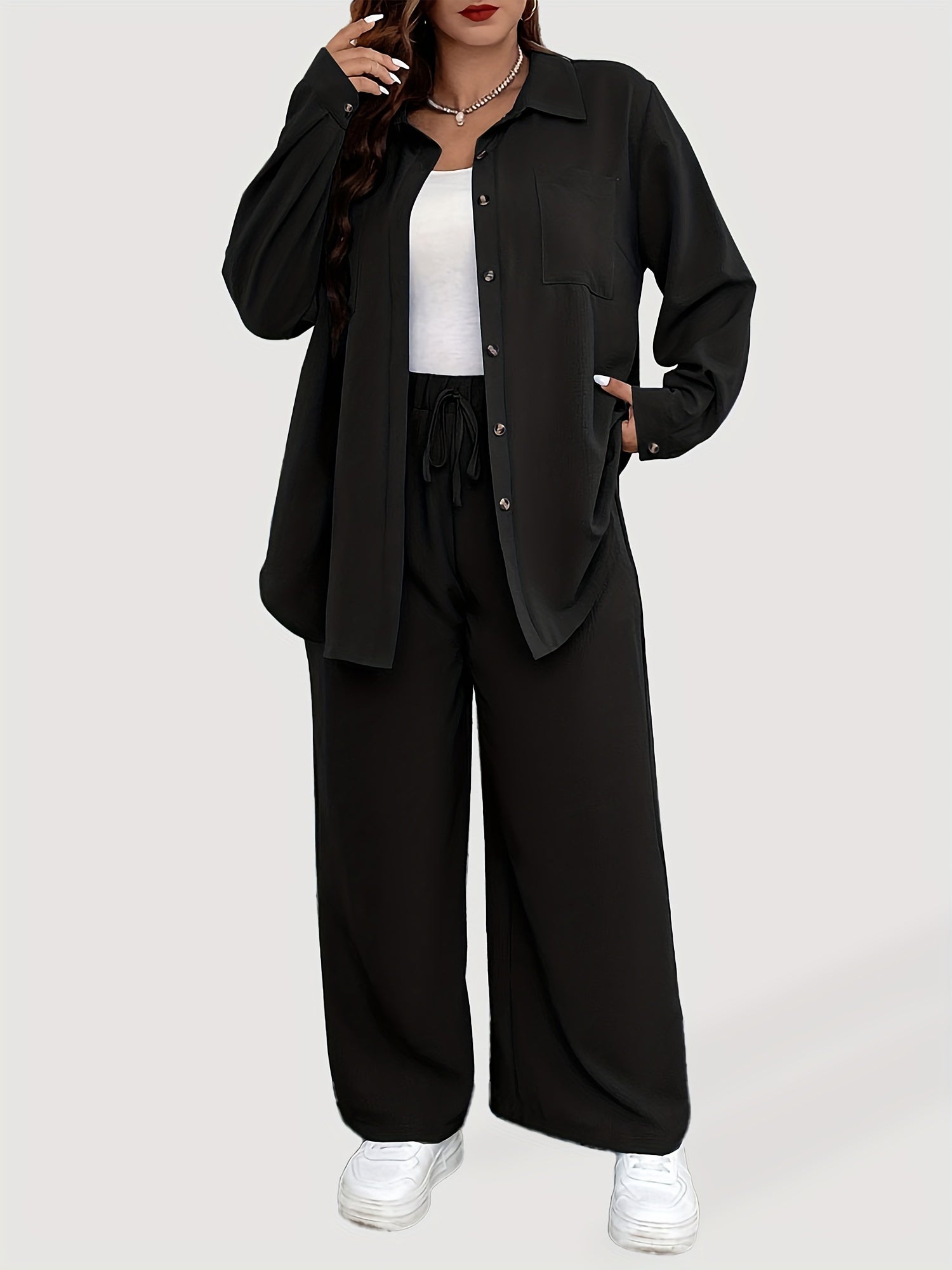 Solid Long Sleeve Button Up Shirt & Loose Pants 2 Piece Set