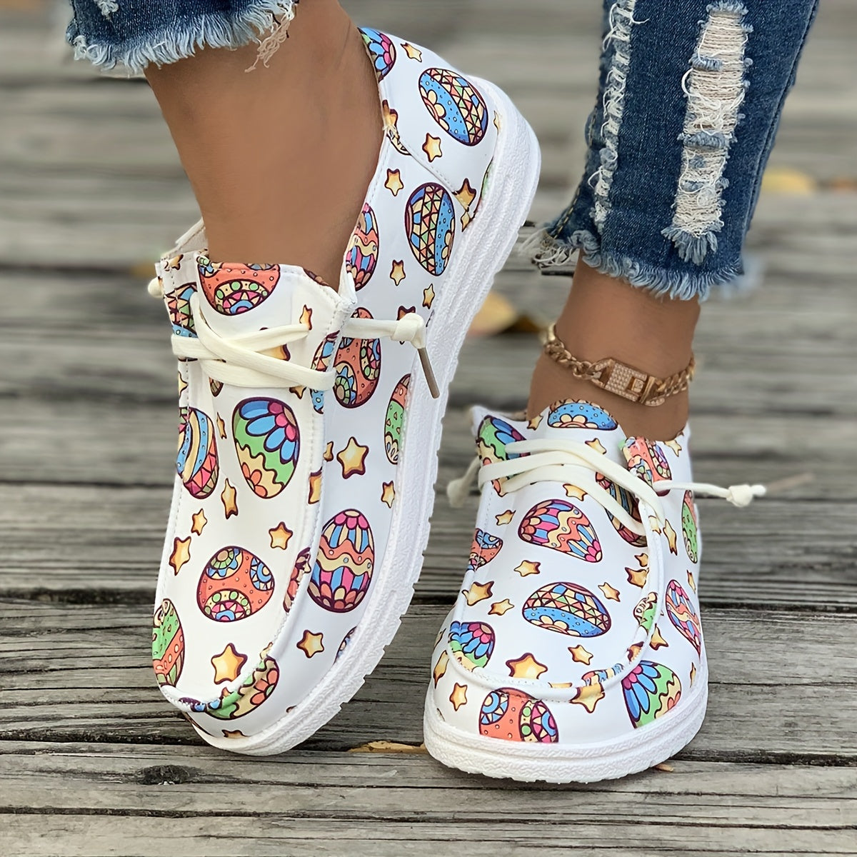 Colorful Pattern Flat Skate Shoes Casual Breathable Non Slip Sneakers