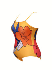 Floral Print High Leg Cut One Piece Cami Swimsuit