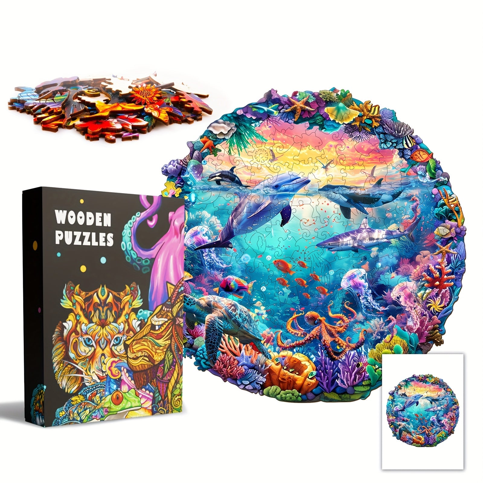 Ocean World Wooden Jigsaw Puzzle with Dolphins and Tropical Fish
