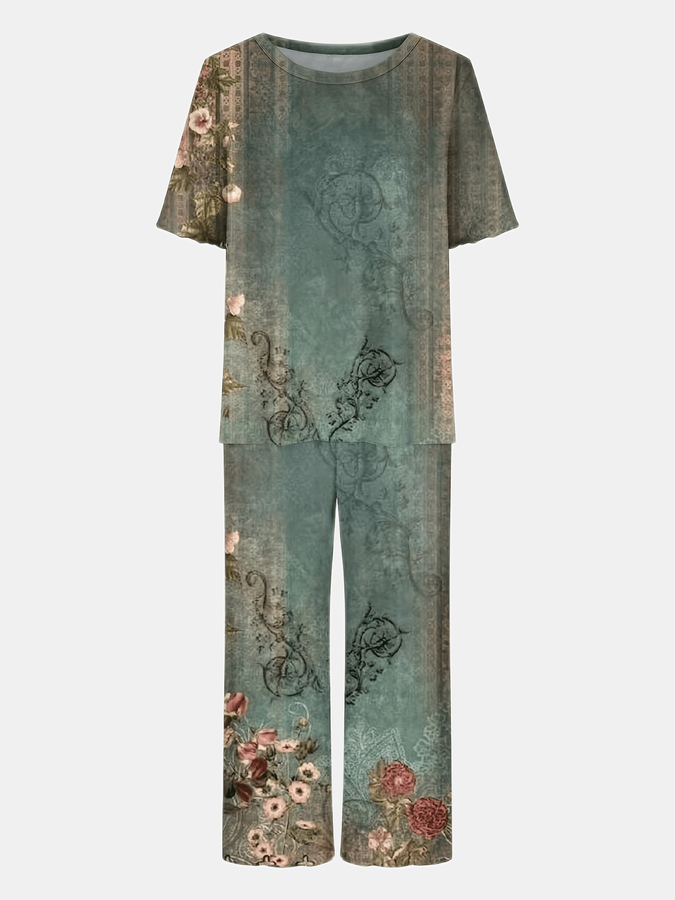 Floral Print 2pc Set Short Sleeve T shirt & Capris Pants Outfit