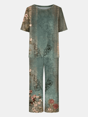 Floral Print 2pc Set Short Sleeve T shirt & Capris Pants Outfit