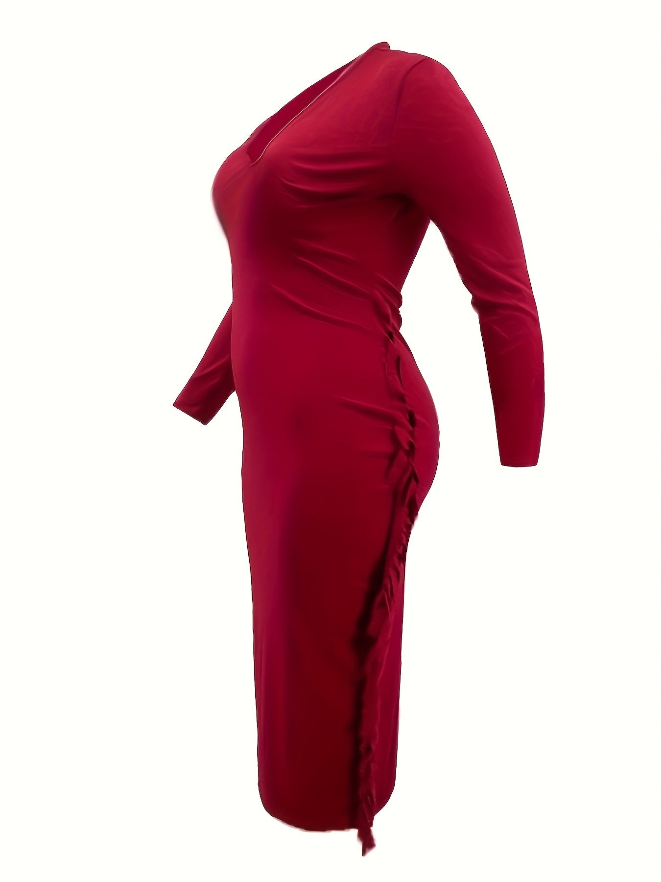 Casual Dress Solid Long Sleeve V Neck Fringe Trim Midi Dress
