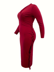 Casual Dress Solid Long Sleeve V Neck Fringe Trim Midi Dress