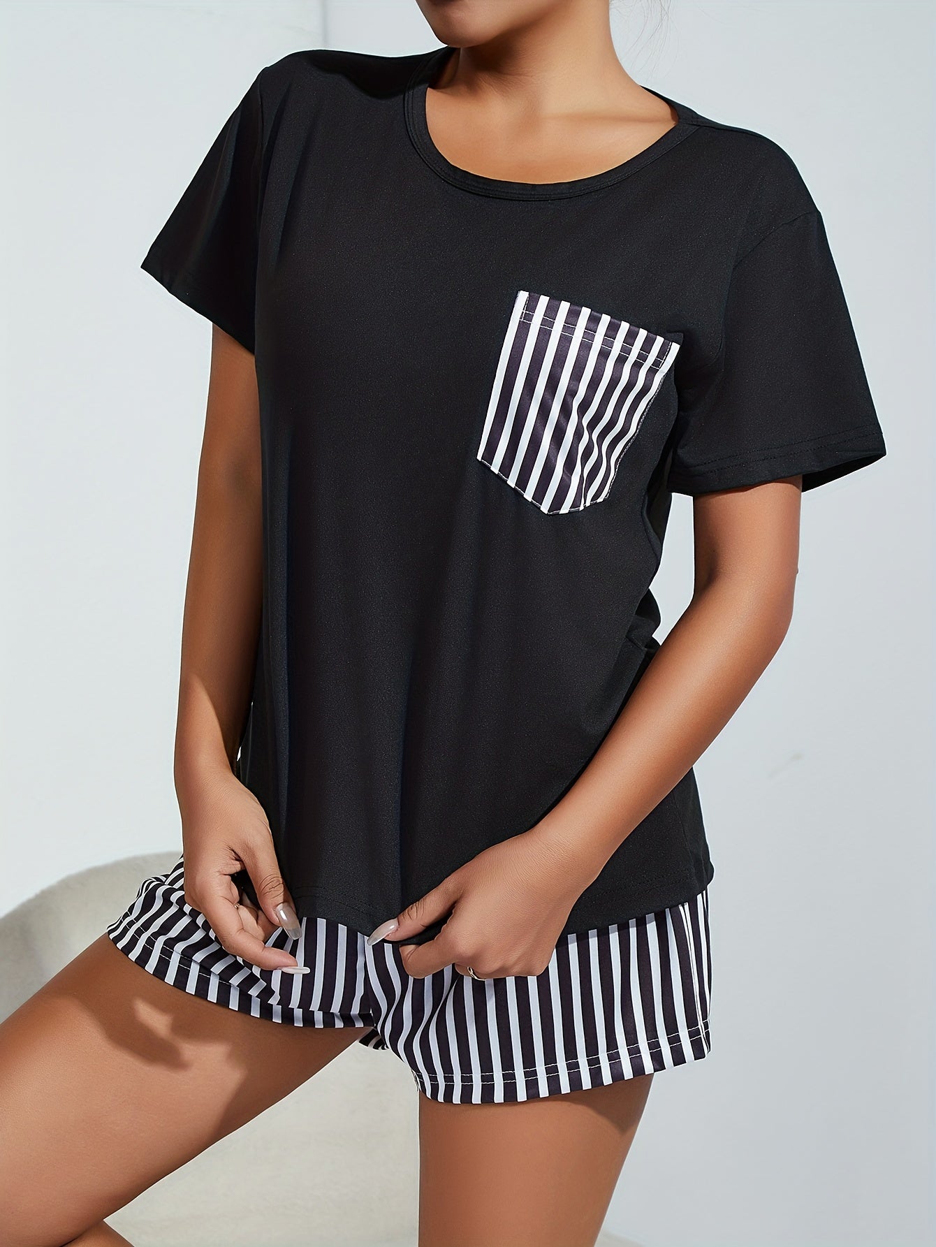 Striped Lounge Set Short Sleeve Top & Shorts Women's Loungewear
