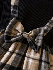 Baby Girls Plaid Dress Bow Long Sleeve Casual Stitching Dress