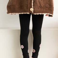 Girls Casual Leggings With Flower Patch Elastic Thermal Pantyhose