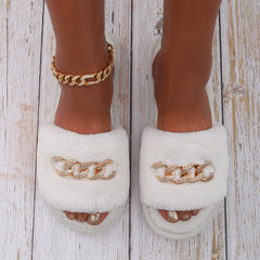 Fuzzy Bedroom Slippers Crystal Flat Sandals Women's Footwear
