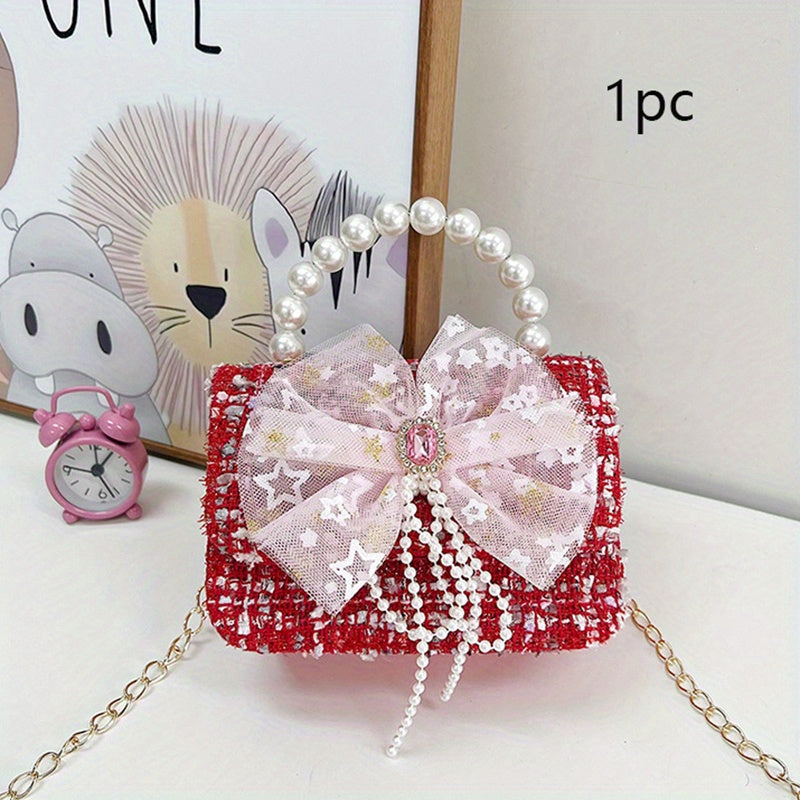 High-end Kids Crossbody Bag w/ Bow & Pearl Handle Single Shoulder Bag