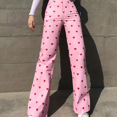 Y2K Heart Print Wide Leg Pants High Waist Button Pants