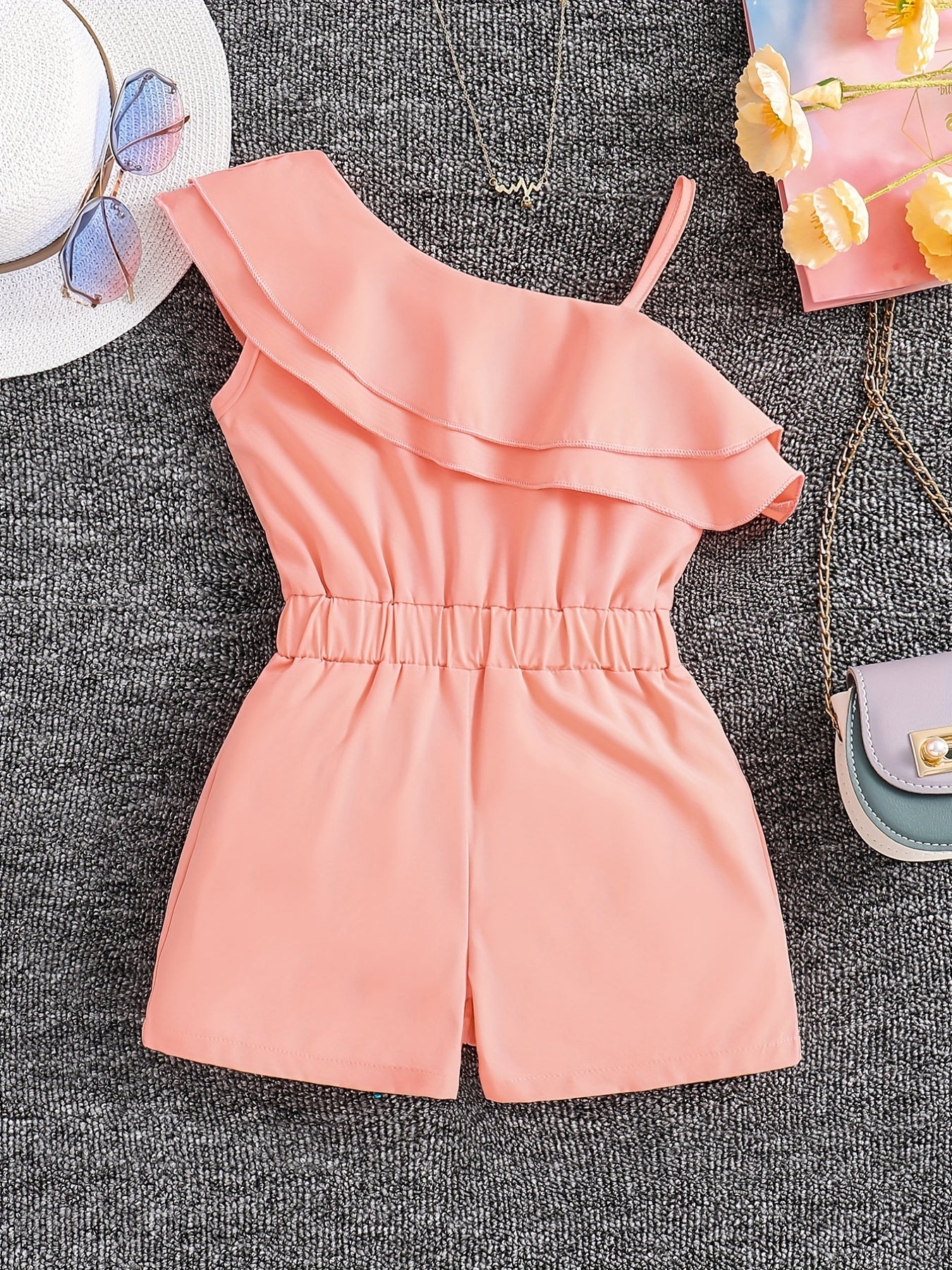 Girls One Shoulder Ruffles Romper Kids Summer Jumpsuit