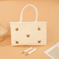 Beige Polyester Diaper Bag with Bear Functional Mommy Tote
