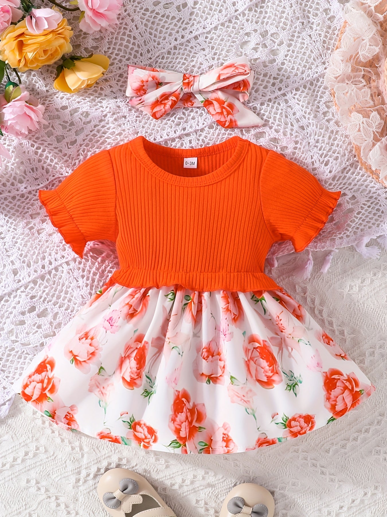 2pcs Baby Girl Floral Puffy Stitching Dress Bandana Dress