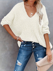 Solid V Neck Knitted Pullover Top Casual Long Sleeve Sweater