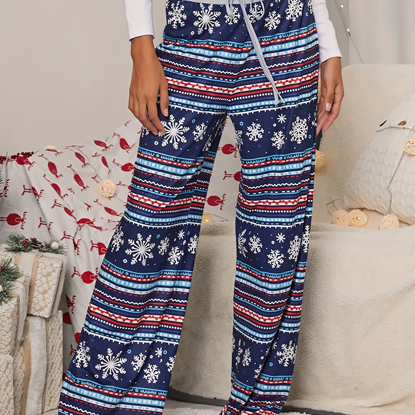 Christmas Print Wide Leg Pants Casual Drawstring Pants