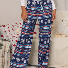 Christmas Print Wide Leg Pants Casual Drawstring Pants