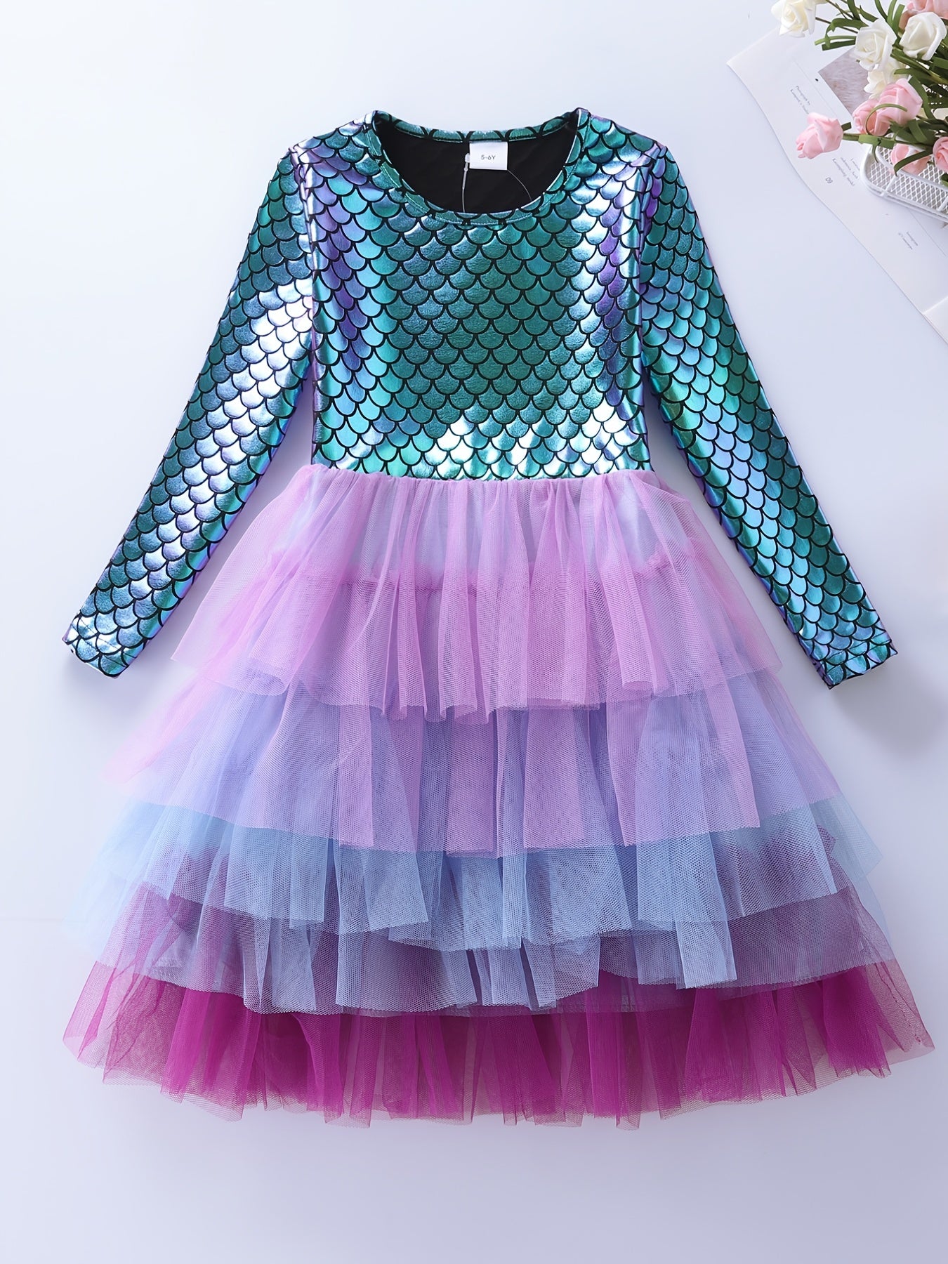 Girls Mermaid Mesh Stitching Long Sleeve Dress for Halloween Party