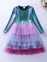 Girls Mermaid Mesh Stitching Long Sleeve Dress for Halloween Party