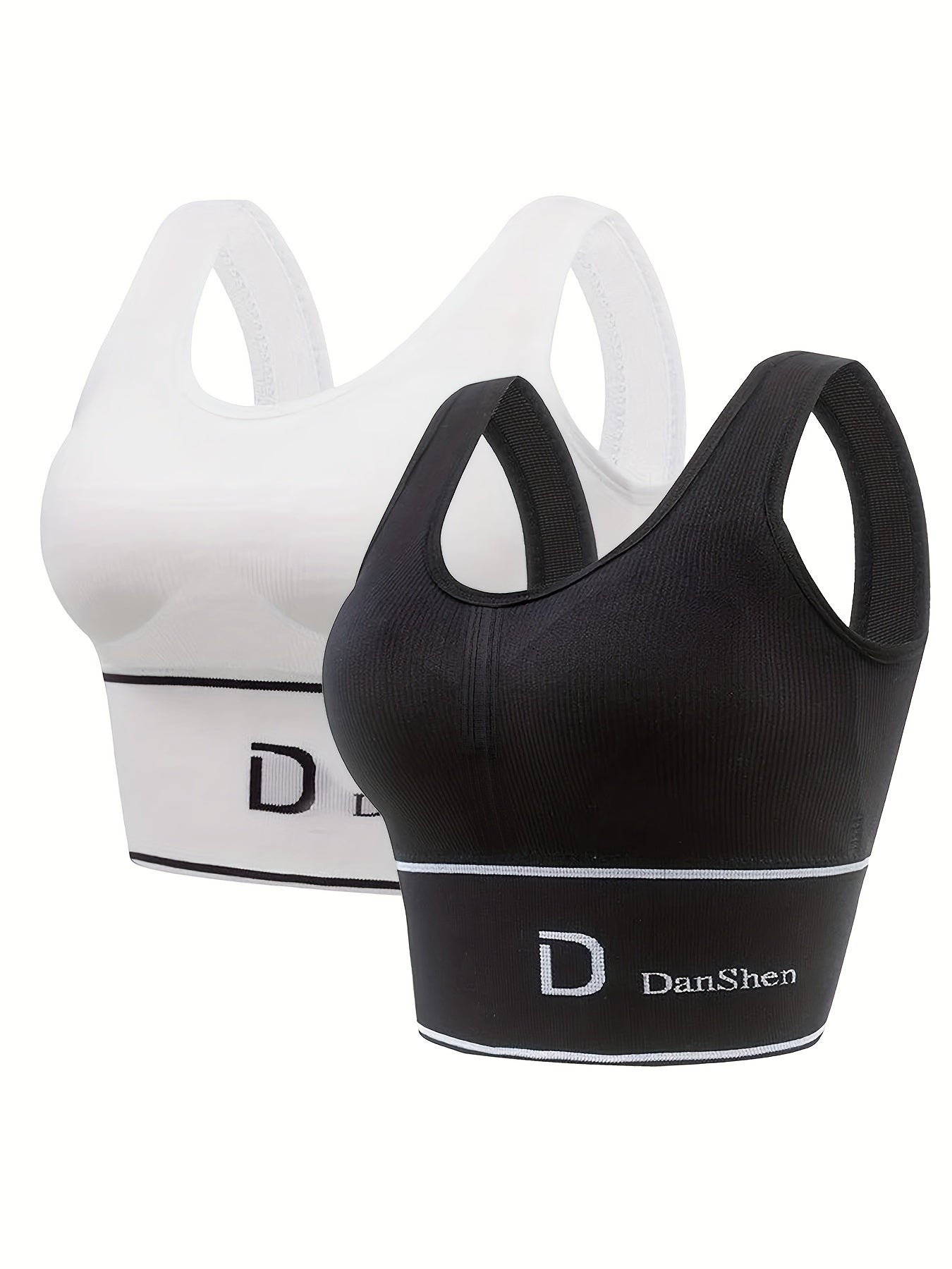 2 Pack Plus Size Sports Bra Women's Plus Letter Print Ribbed Round Neck Bra Set