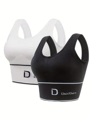 2 Pack Plus Size Sports Bra Women's Plus Letter Print Ribbed Round Neck Bra Set