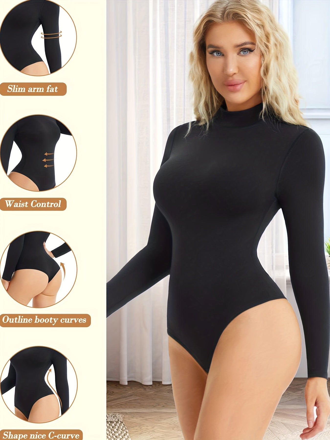 Mock Neck Shaping Bodysuit Long Sleeve Tummy Control Slimming Body Shaper
