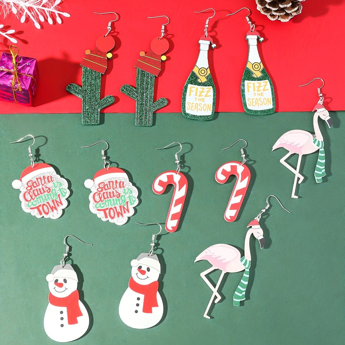 12PCS Christmas Earrings Set Snowman, Santa Claus, Beer, Cactus, Umbrella