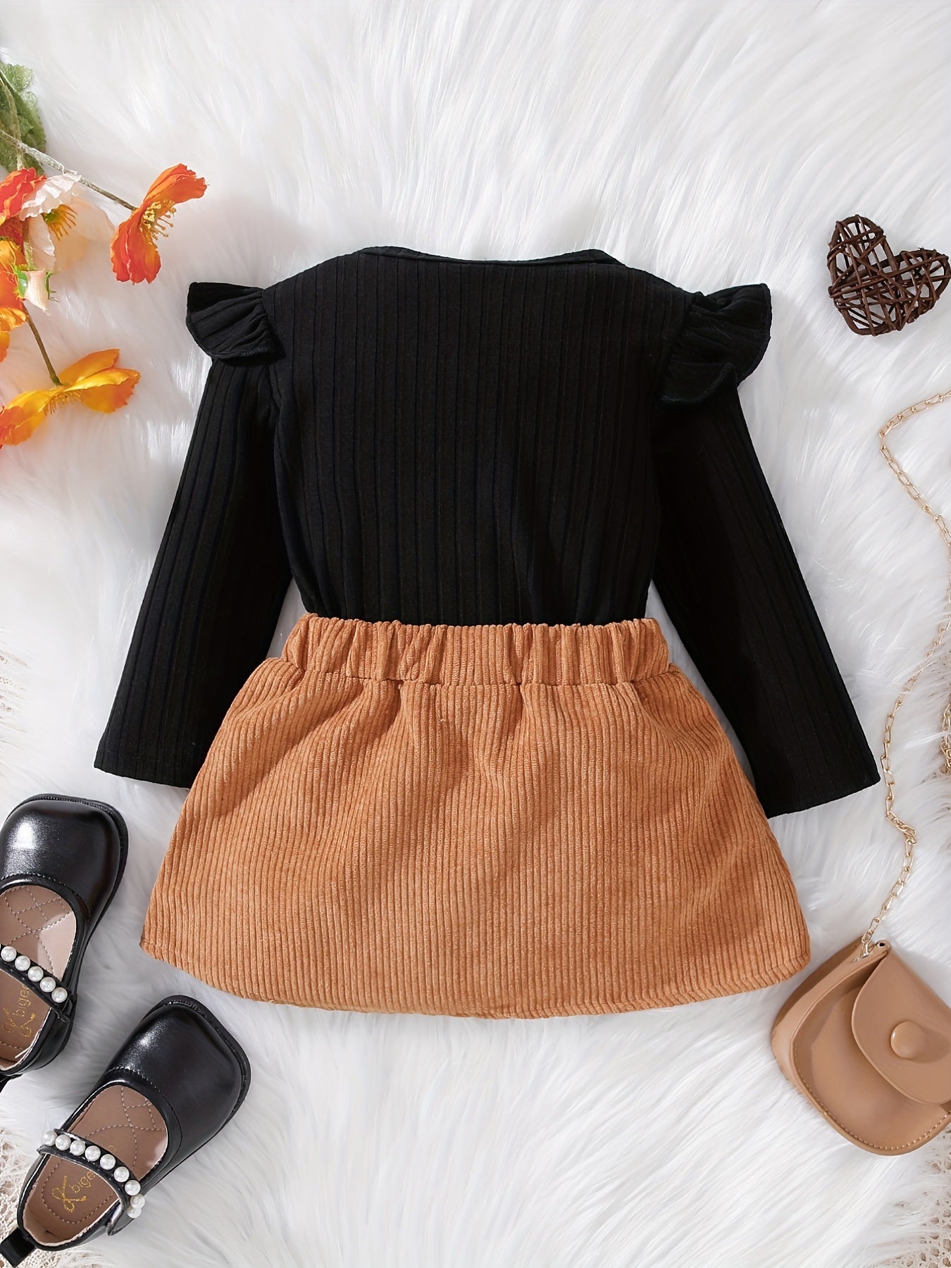 Baby Girl's Crew Neck Top & Elastic Khaki Skirt Set