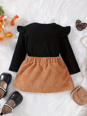 Baby Girl's Crew Neck Top & Elastic Khaki Skirt Set