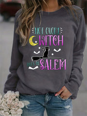 Halloween Witch Print Loose Sweatshirt Casual Long Sleeve Crew Neck