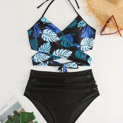 Leaf Print Swimsuit Set V Neck Crop Top & Ruched Panty Two Piece Set
