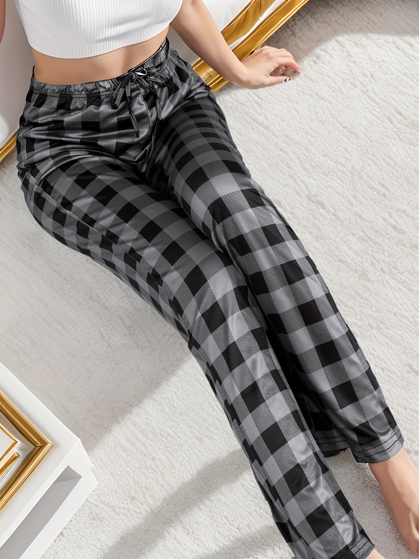 Plaid Print Drawstring Pants Women's Casual Loungewear