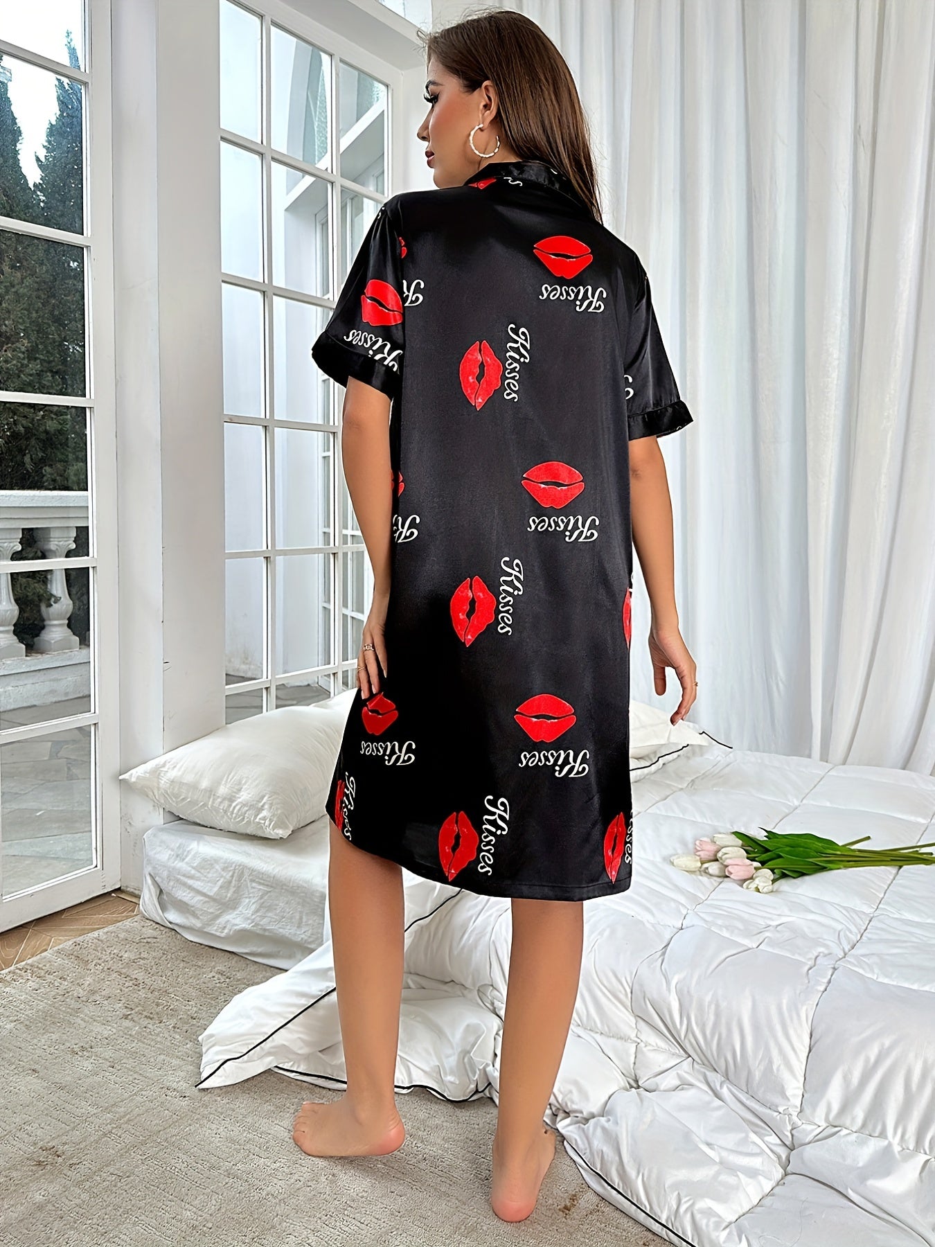Red Lips Print Nightdress Short Sleeve Sleep Dress Women's Sleepwear
